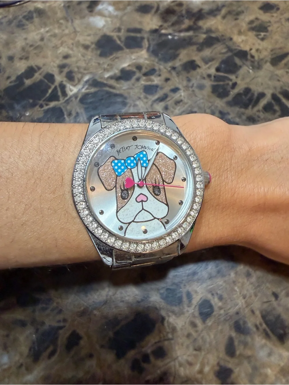 Betsey Johnson Silver Watch with Dog Face and Pink & Blue Accents